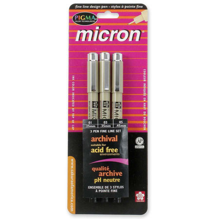 Sakura of America Pigma Micron Pen, Black, 3 Pack 1 each 01, 03, 05