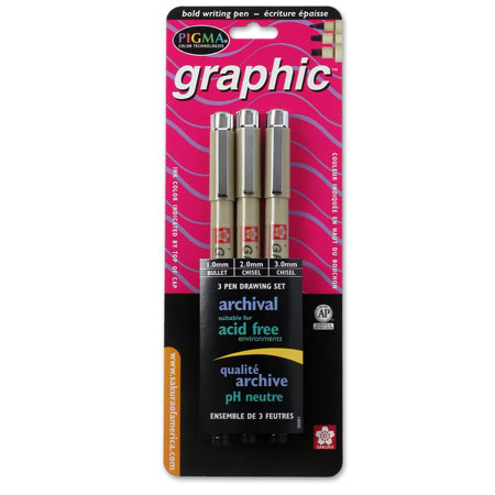 Sakura of America Pigma Graphic Pen - Black - Pack of 3 1mm, 2mm, 3mm