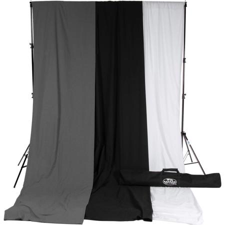 Savage 10 x 24' Accent Muslin Background Kit with Port-A-Stand, White/Gray/Black