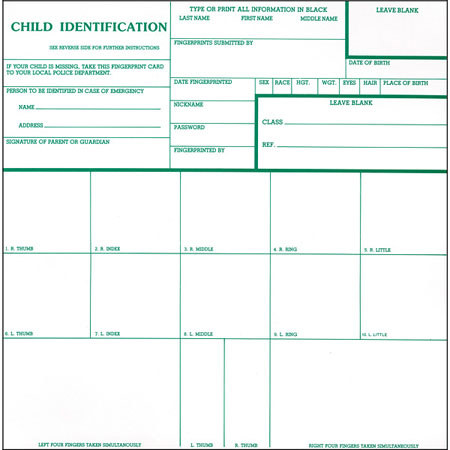 Safariland Inkless Child Fingerprint Cards, Pack of 250