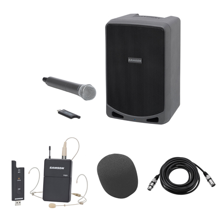 Samson XP106w 6" 100W Expedition Powered Portable Wireless PA System, Bundle with Stage XPD2 2.4GHz Wireless System with DE5 Micro Headset Mic , 25' XLR Mic Cable, Foam Windscreen