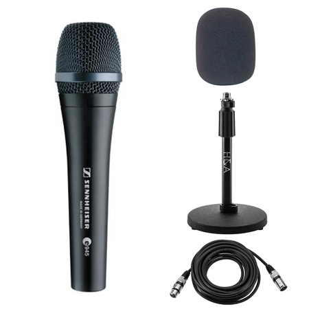 Sennheiser e 945 Wired Supercardioid Dynamic Handheld Vocal Microphone, Bundle with Microphone Stand, 25' XLR Cable and Foam Windscreen