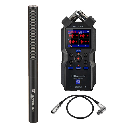 Sennheiser MKE 600 Shotgun Microphone, Bundle with Zoom H4essential 4-Track 32-Bit Float Handy Recorder, 1.5' Right Angle XLR M to F Cable
