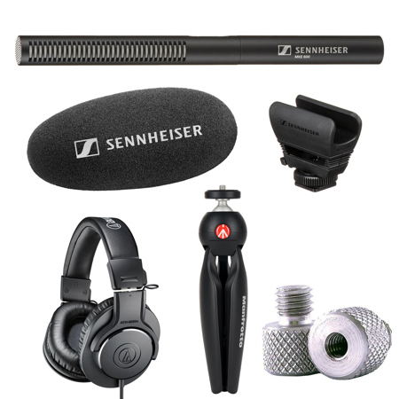 Sennheiser MKE 600 Shotgun Microphone, Bundle with Manfrotto PIXI Aluminum Mini Tripod Black, Audio-Technica ATH-M20x Professional Monitor Headphones Black, WindTech M-9 Adapter