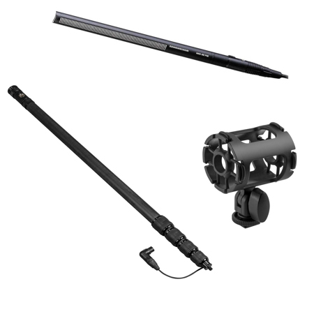 Sennheiser MKH-416 Short Shotgun Interference Tube Microphone - Bundle With H&A 4-Point Universal Shock Mount, H&A Carbon Fiber Telescoping Boom Pole