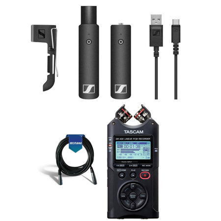 Sennheiser XSW-D Wireless Presentation Base Set, Includes 3.5mm Bodypack Transmitter and XLR Male Plug-On Receiver - Bundle With Tasacam DR-40X Four-Track Digital Audio Recorder, 20' XLR Mic Cable