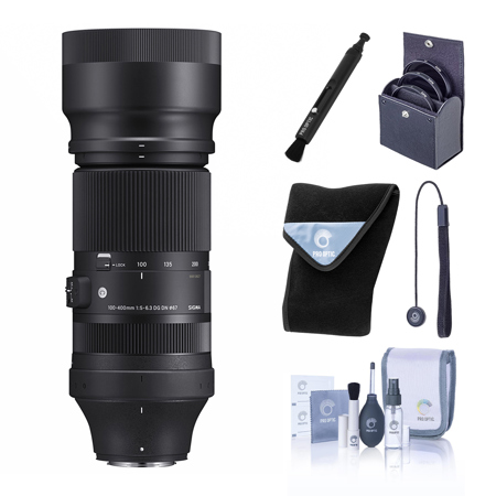Sigma 100-400mm f/5-6.3 DG DN OS Contemporary Lens for Fujifilm X, Bundle with 67mm Filter Kit, Lens Wrap, Lens Cleaner, Lens Cap Tether and Cleaning Kit