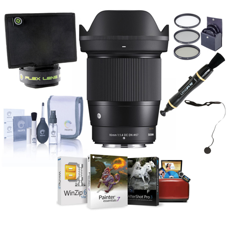 Sigma 16mm f/1.4 DC DN Contemporary Lens for Fujifilm X, Bundle with ProOptic 67mm Filter Kit, Cleaning Kit, Cap Keeper, Flex Lens Shade, Lens Cleaner, Mac Software Kit