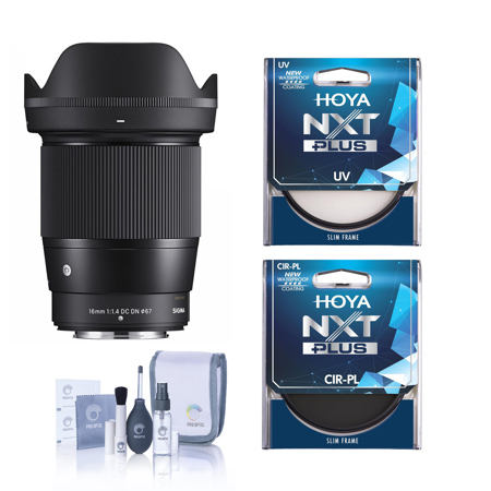 Sigma 16mm f/1.4 DC DN Contemporary Lens for Fujifilm X, Bundle with Hoya NXT Plus 67mm UV+CPL Filter Kit and Cleaning Kit