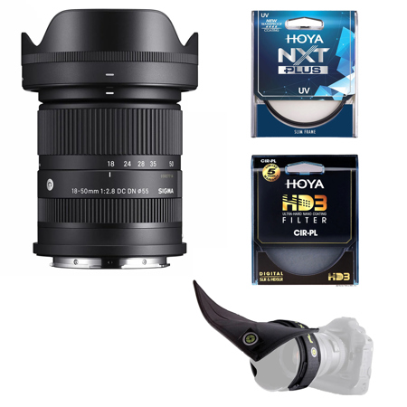 Sigma 18-50mm f/2.8 DC DN Contemporary Lens for Sony E, Bundle with 55mm UV Lens Filter, 55mm CPL Filter and Lens Shade