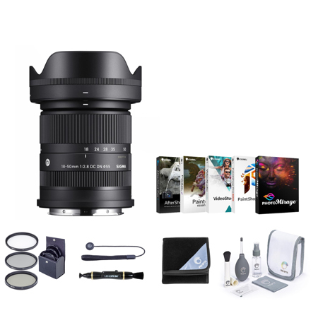 Sigma 18-50mm f/2.8 DC DN Contemporary Lens for Sony E, Bundle with 55mm Filter Kit, Lens Cleaner, Lens Wrap, Lens Cap Tether, Cleaning Kit, PC Software Kit