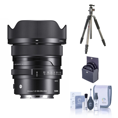 Sigma 24mm f/2 DG DN Contemporary Lens for Sony E, Bundle with Progear X X-Go Max E 4-Section Carbon Fiber Tripod/Monopod with FPH-62Q Ball Head, 62mm Filter Kit, Cleaning Kit