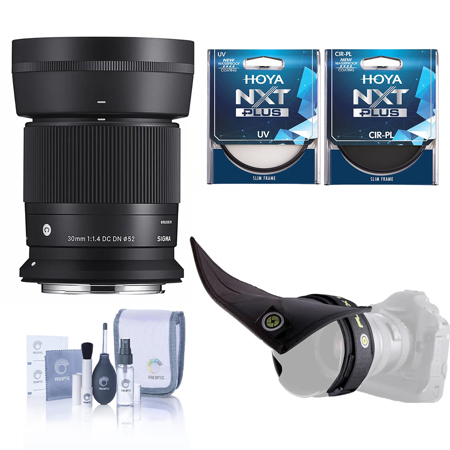 Sigma 30mm f/1.4 DC DN Contemporary Lens for Canon RF, Bundle with Hoya NXT Plus 52mm UV/CPL Filter and Flexible Lens Shade