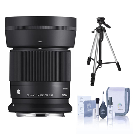 Sigma 30mm f/1.4 DC DN Contemporary Lens for Canon RF, Bundle with Aluminum 3-Section Tripod