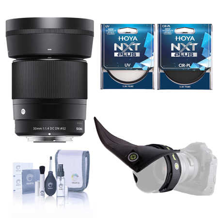 Sigma 30mm f/1.4 DC DN Contemporary Lens for Sony E, Bundle with 52mm UV Filter, 52mm Circular Polarizer Filter, Lens Shade and Cleaning Kit
