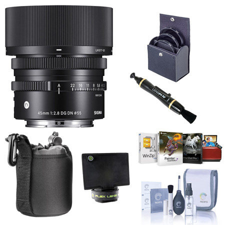 Sigma 45mm f/2.8 DG DN Contemporary Lens for Sony E-Mount Bundle With 55mm Filter Kit, Flex Lens Shade, Lens Pouch, Lens Cleaner, Cleaning Kit, Corel Mac Software Kit