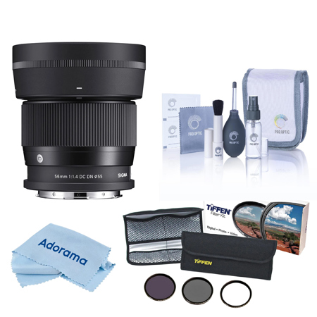 Sigma 56mm f/1.4 DC DN Contemporary Lens for L Mount, Bundle with 55mm Essential Filter Kit, Cleaning Kit and Cleaning Cloth