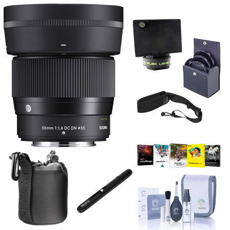 Sigma 56mm f/1.4 DC DN Contemporary Lens for Fujifilm X, Bundle with 55mm Filter Kit, Flex Lens Shade, Lens Pouch, Lens Cleaner, Cleaning Kit, PC Software Kit, NS-3 Sling Strap