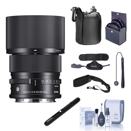Sigma 90mm f/2.8 DG DN Contemporary Lens for L Mount, Bundle with ProOptic 55mm Filter Kit, Dual Wrist and Grip Strap, Sling Strap, Lens Cleaner, Cleaning Kit, Lens Cap Tether, Pouch