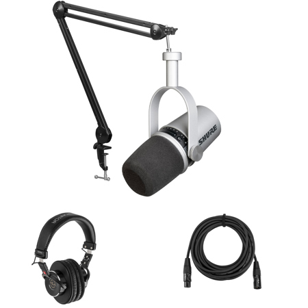 Shure MV7 Dual XLR/USB Podcast Microphone, Silver with Headphone, Arm & Cable
