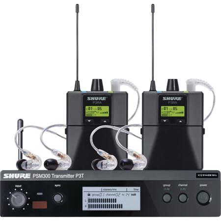 Shure PSM 300 Twin Pack Pro Wireless In-Ear Monitor Kit, Includes P3T Transmitter, 2x P3RA Receiver and 2x SE215-CL Earphones, H20: 518 - 542MHz, Black