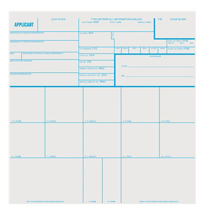 Sirchie Applicant Record Cards with ORI Imprint, 8x8", Set of 100