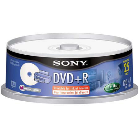 Sony 16x DVD+R Writable Discs Spindle, Inkjet Printable