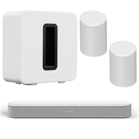 Sonos Beam Soundbar Gen 2, Bundle with SUB Gen 3 Wireless Subwoofer and 2x Era 100 Wireless Bluetooth Speaker, White