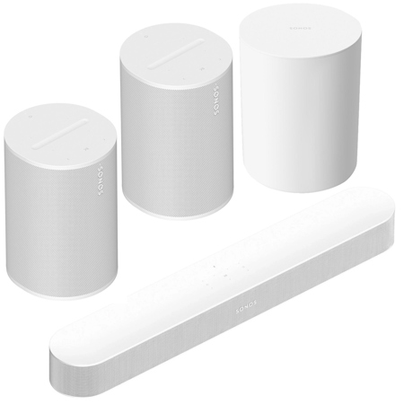 Sonos Beam Soundbar Gen 2, Bundle with SUB Mini Wireless Subwoofer, 2x Era 100 Wireless Bluetooth Speaker, White