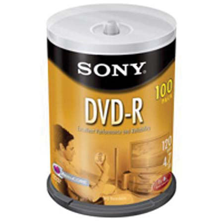 Sony 4.7 GB DVD-R, 8x Recordable Media, 100 Disc Pack.