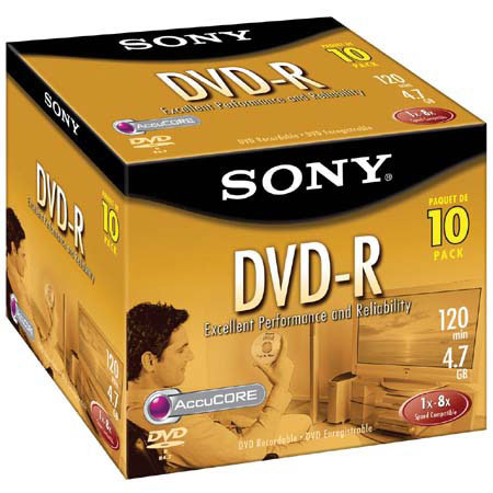 Sony 4.7 GB DVD-R, 8x Recordable Media, 10 Disc Pack.