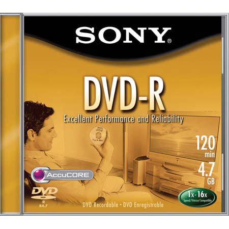 Sony 4.7 GB DVD-R, 16x Recordable Media, Single Disc.