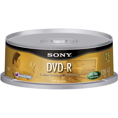 Sony 4.7 GB DVD-R, 16x Recordable Media, 25 Disc Pack.