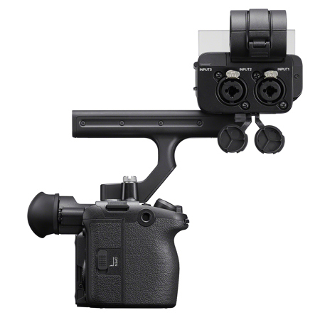 Sony FX2 cinema camera side view with XLR handle and professional audio inputs