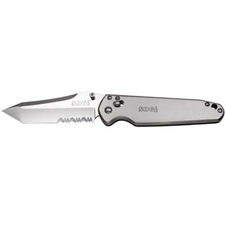 SOG Vision, Folding Knife with 3.75" Satin Polished Finish, Partially Serrated Tanto Style Blade, & Titanium Handle, Overall Length 5.75".