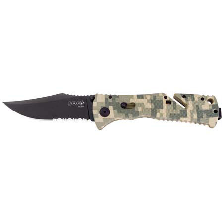 SOG Trident, Folding Knife with 3.75" Black Titanium Nitride, TiNi, Finish, Partially Serrated Blade, & Digi Camo Zytel Handle with Groove, Overall Length 8.5".