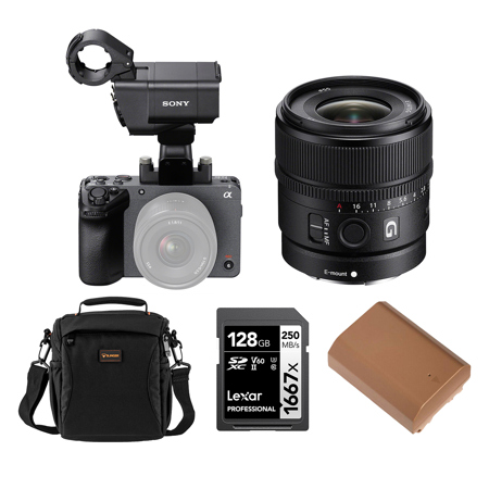 Sony FX30 Super 35 Cinema Line Camera with XLR Handle Unit with E 15mm f/1.4 G Lens, NP-FZ100 17.3Wh 7.2V 2400mAh Lithium-Ion Battery Pack with USB-C Charging Port, Series Professional 1667x 128GB UHS-II SDXC Memory Card and Alpine 140 Multi-Device Shoulder Bag