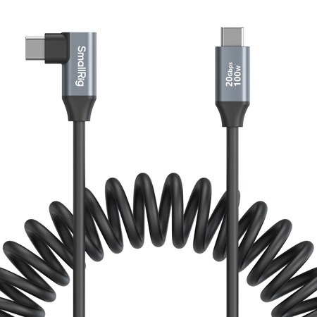 SmallRig 13.8" 100W USB-C Straight to USB-C Angled Coiled Data Cable, Black