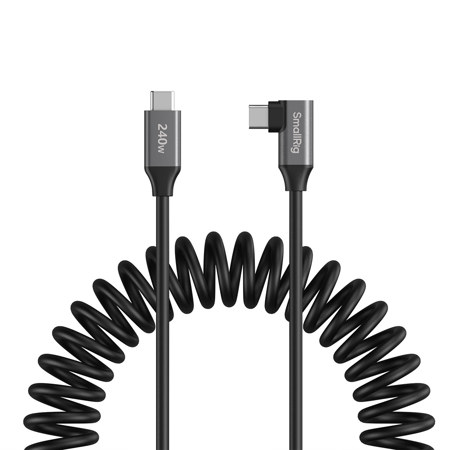 SmallRig 13.8" 240W USB-C Straight to USB-C Angled Coiled Data Cable, Black