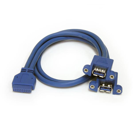 StarTech 2 Port Panel Mount Cable with 2x 9-Pin USB 3.0 A Female to 20-Pin IDC Female Connector, 28 AWG, Blue