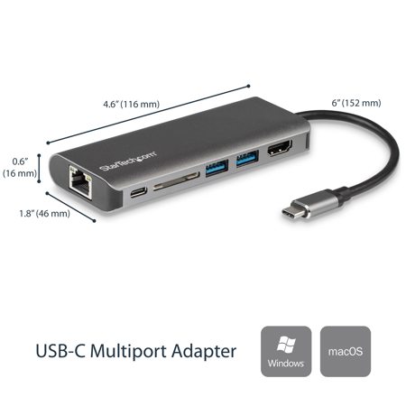 StarTech USB-C Multiport Mini Travel Dock Adapter with 4K HDMI, Gray and Black