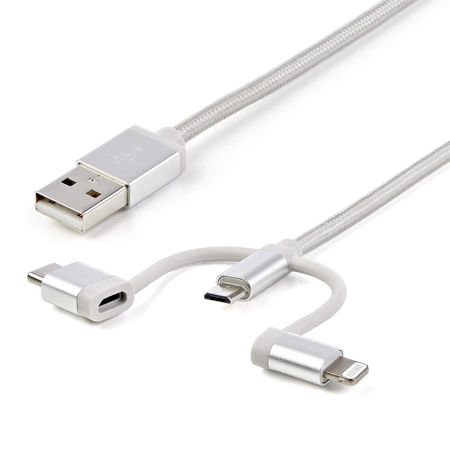 StarTech 3.3' 3-in-1 Micro-USB/USB-C/Lightning Charging Sync Braided Cable, Silver