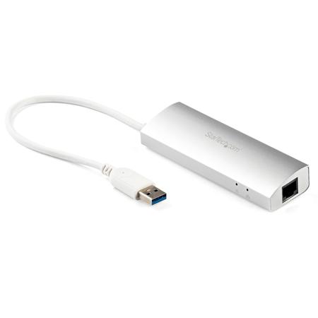 StarTech 3-Port Apple Style Portable USB 3.0 Hub with Gigabit Ethernet and Built-In Cable, Silver & White