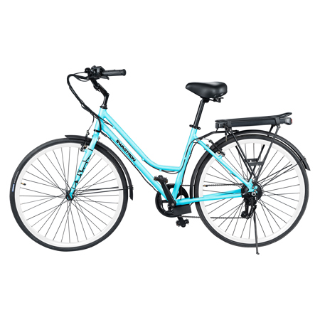 Swagtron EB9 Step-Through Electric City Bike,Shimano 7-Speed,16.5mph Speed, Blue