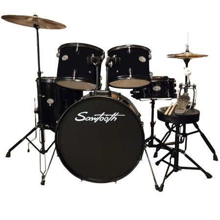 Sawtooth Rise Student 5-Piece Drum Set w/Hardware & Cymbals, Pitch Black