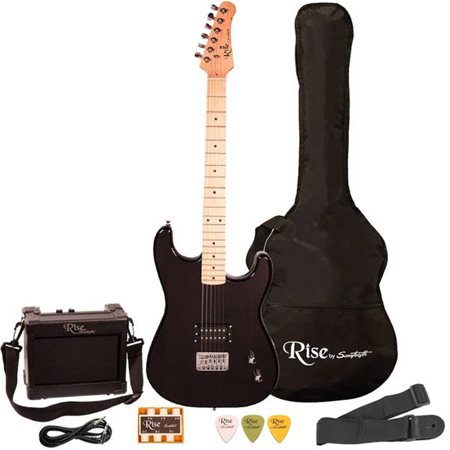 Sawtooth Rise Full Size Beginner Electric Guitar w/5-Watt Amp, Transparent Black