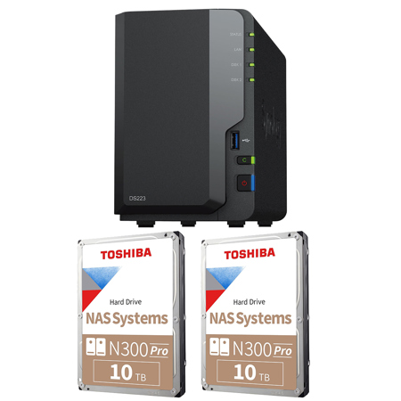 Synology DiskStation DS223 2-Bay NAS Enclosure, Bundle with 2x Toshiba N300 Pro 10TB 3.5" Internal NAS Hard Drive