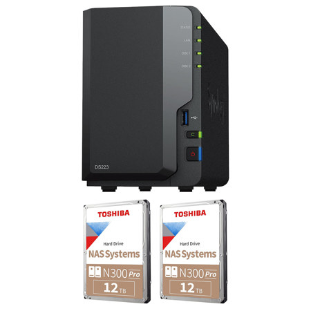 Synology DiskStation DS223 2-Bay NAS Enclosure, Bundle with 2x Toshiba N300 Pro 12TB SATA III 3.5" Internal NAS Hard Drive