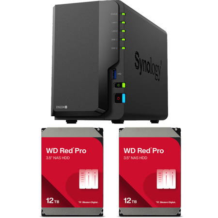 Synology DiskStation DS224+ 2-Bay NAS Enclosure, Bundle with 2x WD Red Pro 12TB 3.5" Internal NAS Hard Drive