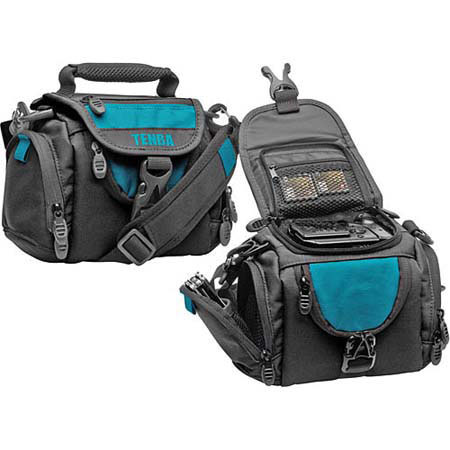 Tenba Xpress Small Shoulder Bag for a Compact Digital Camera or Small Video Camera with Accessories, Black with Teal Trim